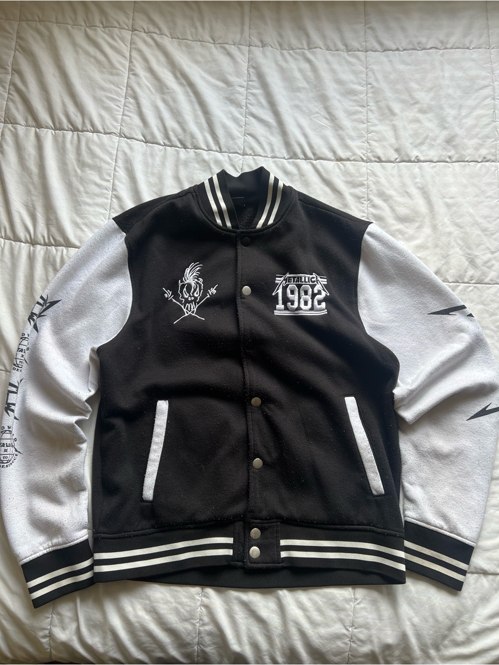Black and White Varsity Bomber Jacket with 1982 Embroidered Patch